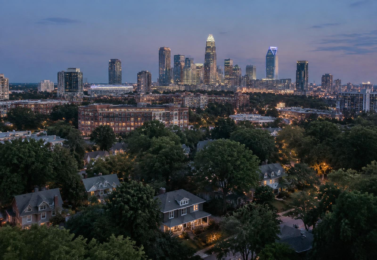 Elevated dusk view across tree-lined Charlotte residential streets with mid-rise brick buildings and the downtown skyline beyond