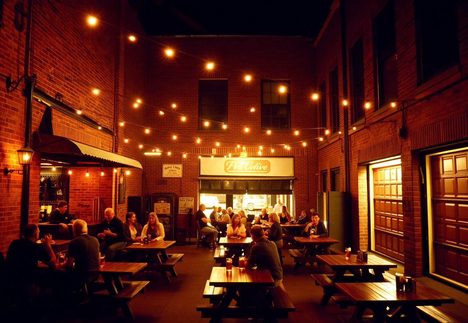 String lights over a brick-walled bar patio with picnic tables at night in Charlotte's NoDa arts district