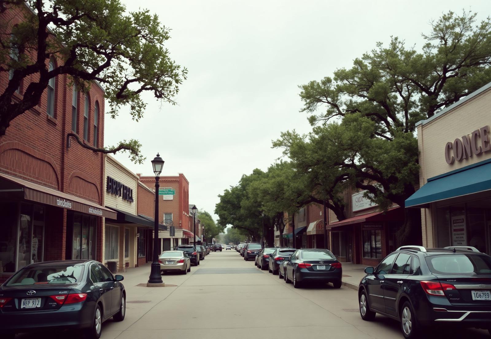 Eclectic older commercial strip with one-story brick storefronts and mature oaks in Charlotte