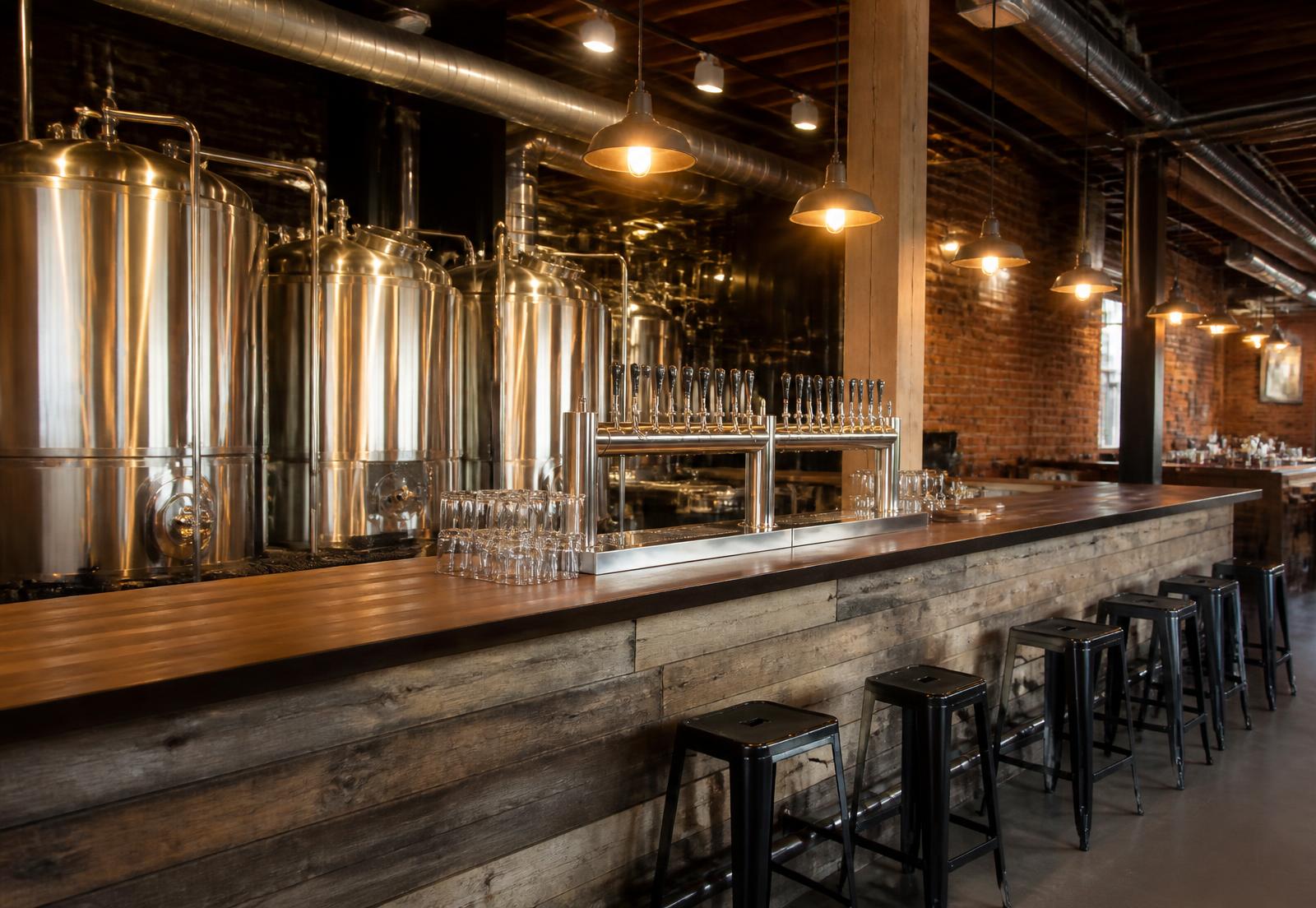 Interior of a craft brewery taproom with stainless tanks in NoDa Charlotte