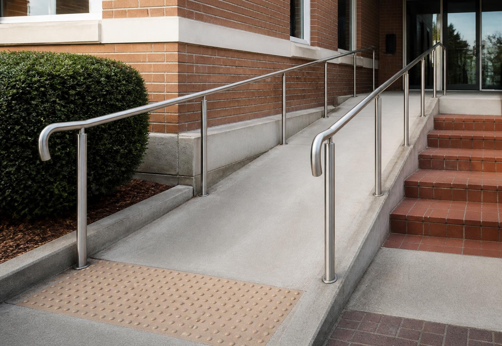 Accessible entrance ramp and handrail at a NoDa building