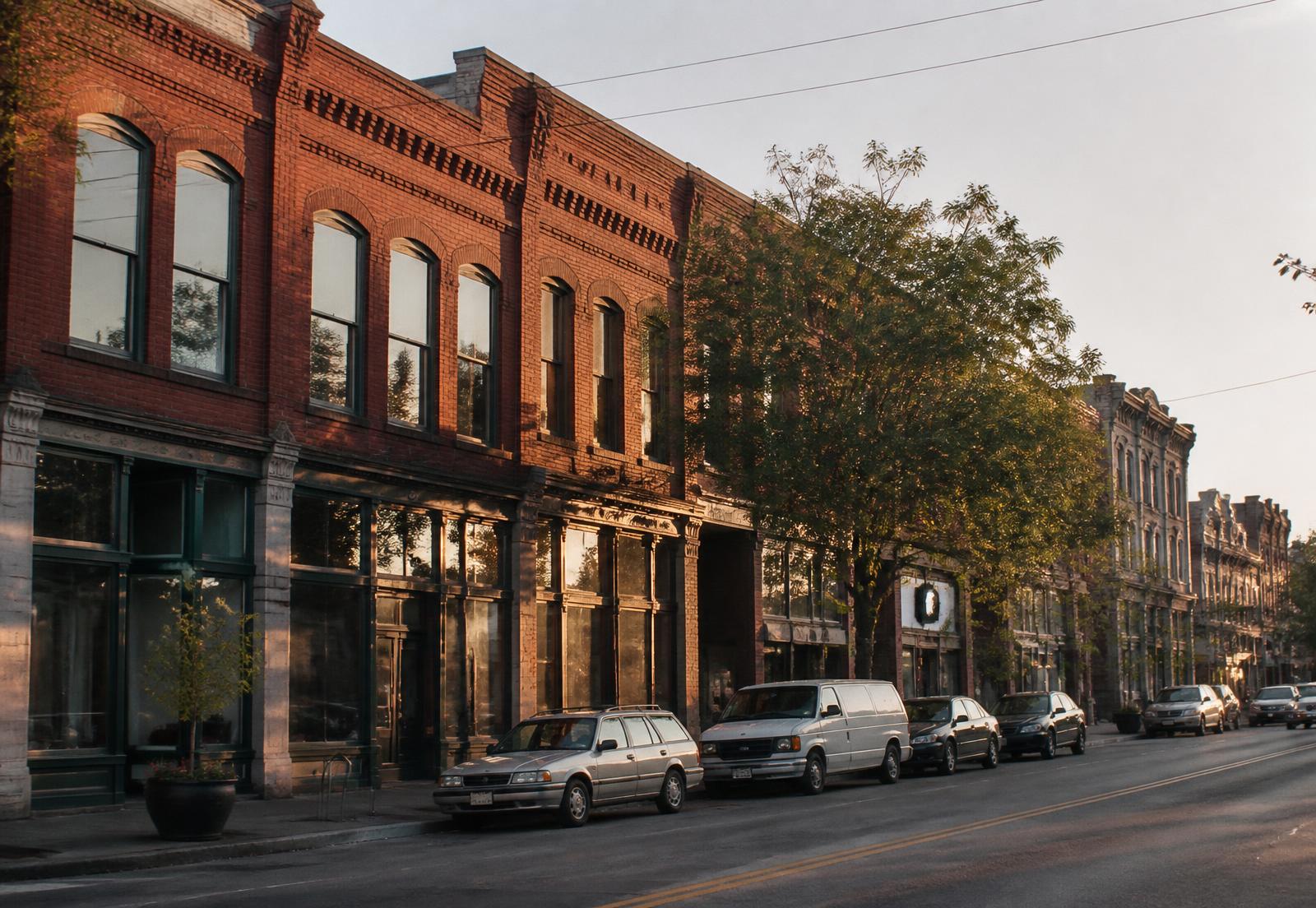North Davidson Street in NoDa, Charlotte, at dusk with brick storefronts and string lights