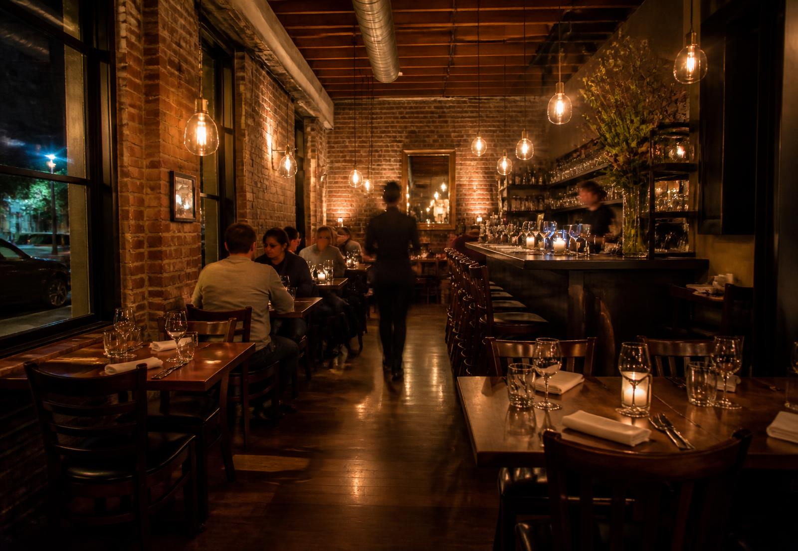 Restaurant patio with string lights on North Davidson Street in NoDa Charlotte