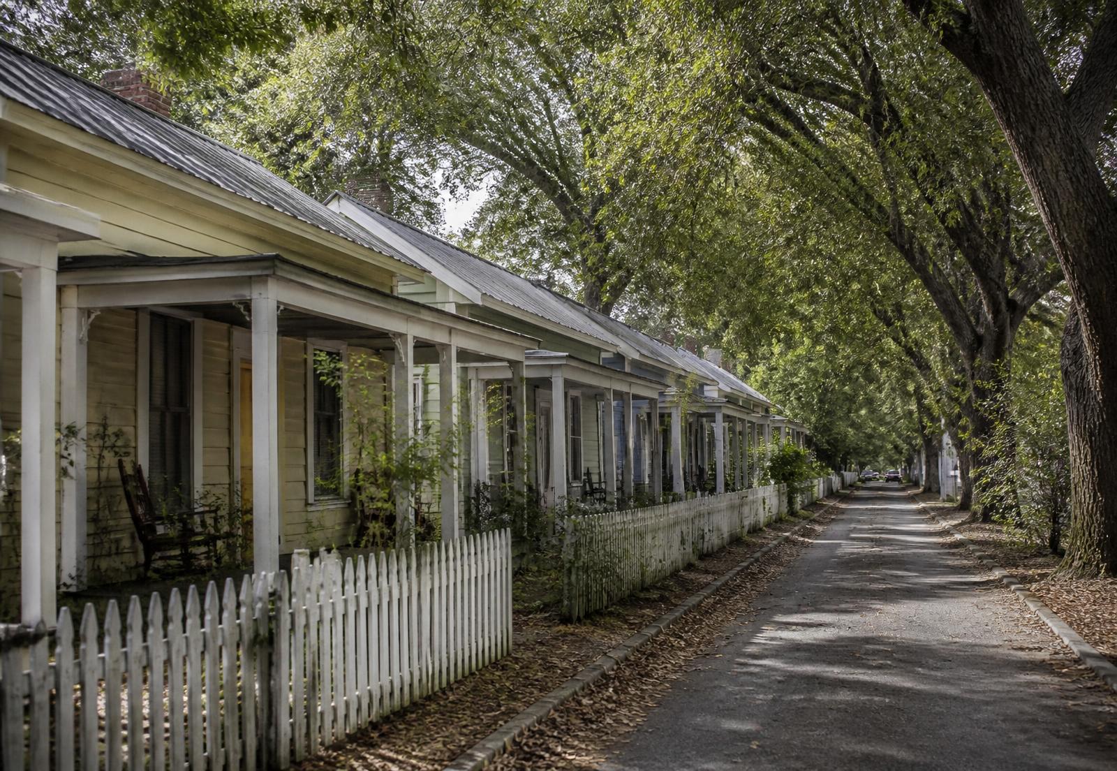 Quiet residential street of mill cottages with mature trees in NoDa Charlotte